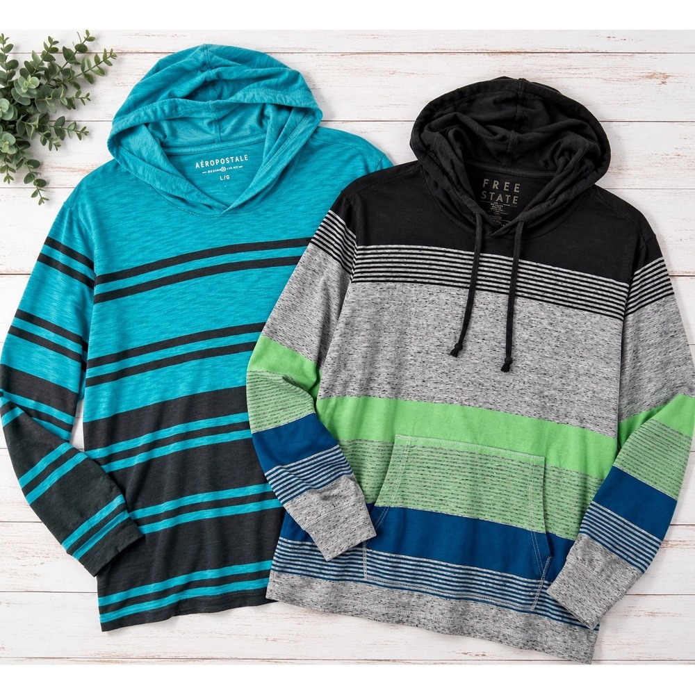 Lot of 2 Mens Aeropostale & Free State Striped Lightweight Hooded Shirts Size L